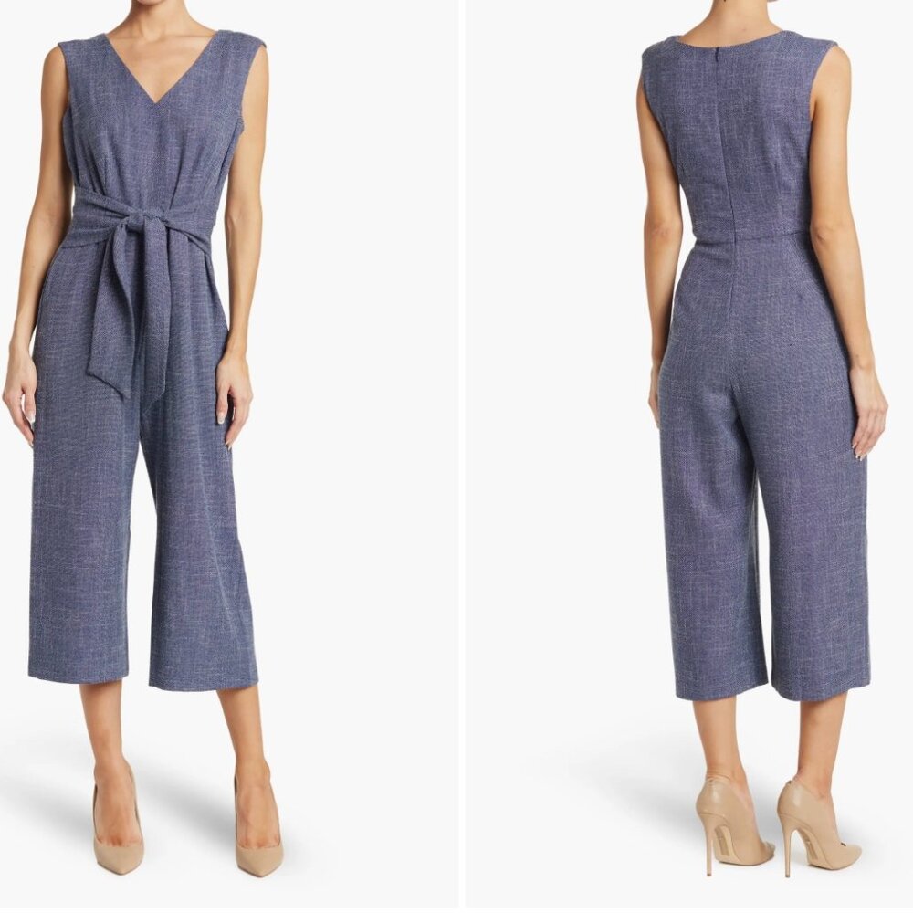 Connected Apparel V-Neck Tie Waist Capri Crop Jumpsuit